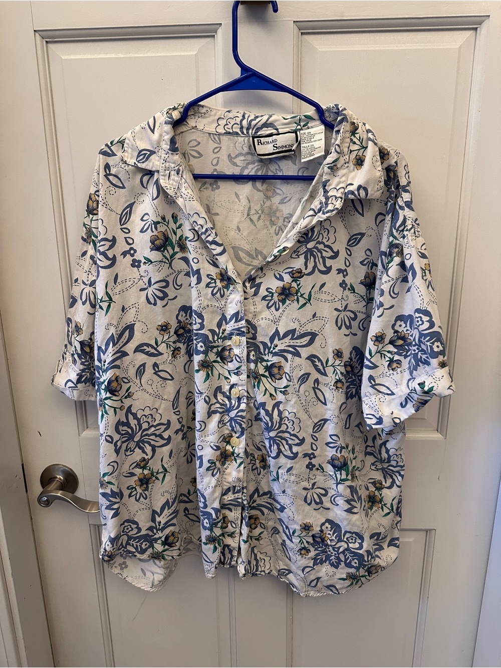 Vintage 90s Richard Simmons Blue Floral Cotton Button-Up Shirt 2X